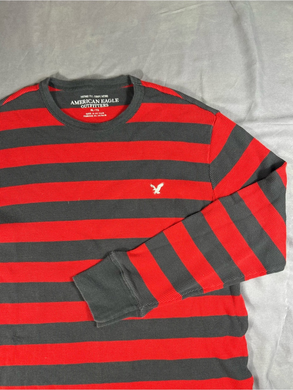 American Eagle Outfitters Red and Charcoal Striped Long-Sleeve Thermal
